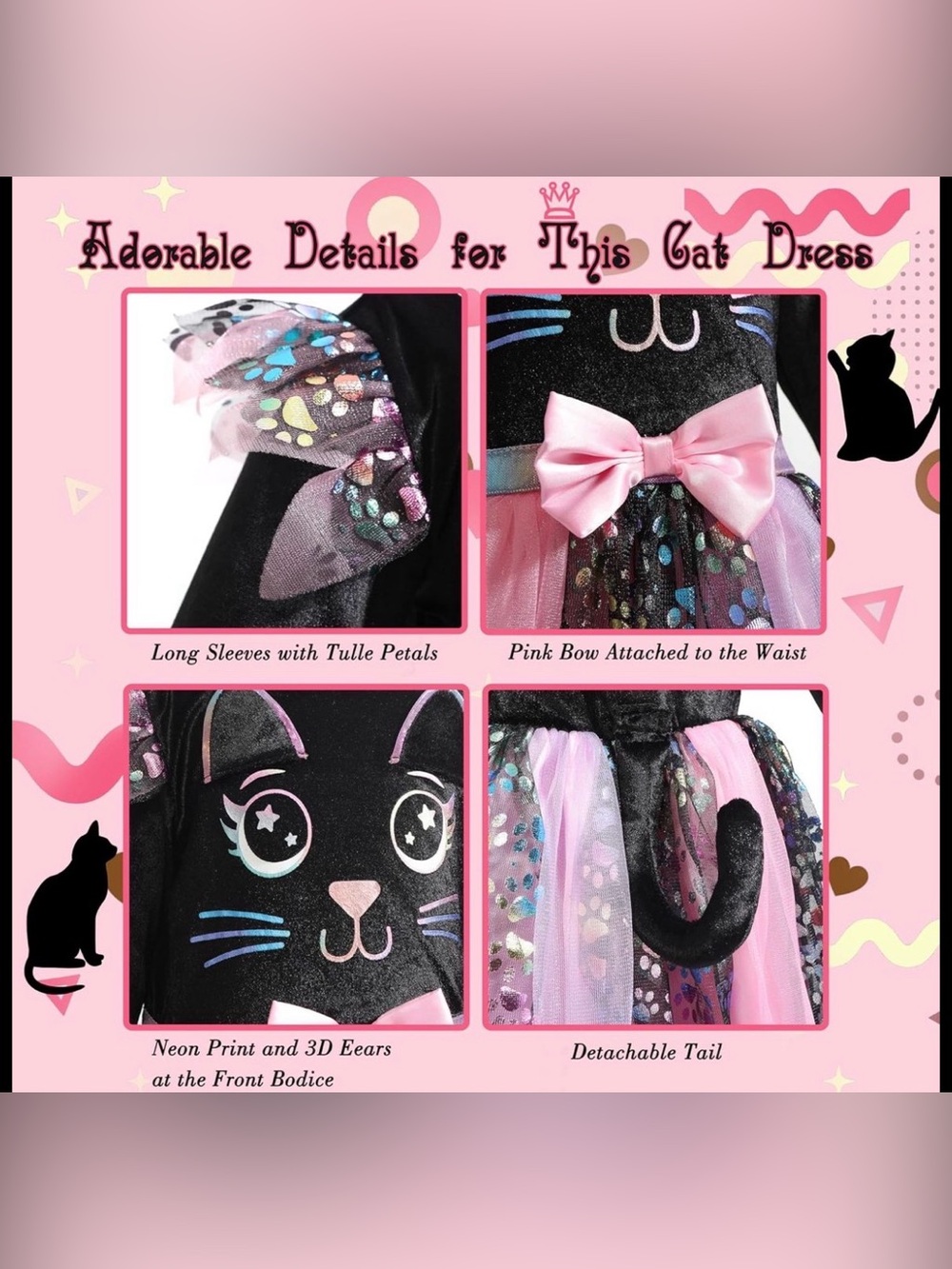 NWT Girls Black & Pink Cat Costume Dress with Headband and Tail Sz 2-3 years - Picture 3 of 4